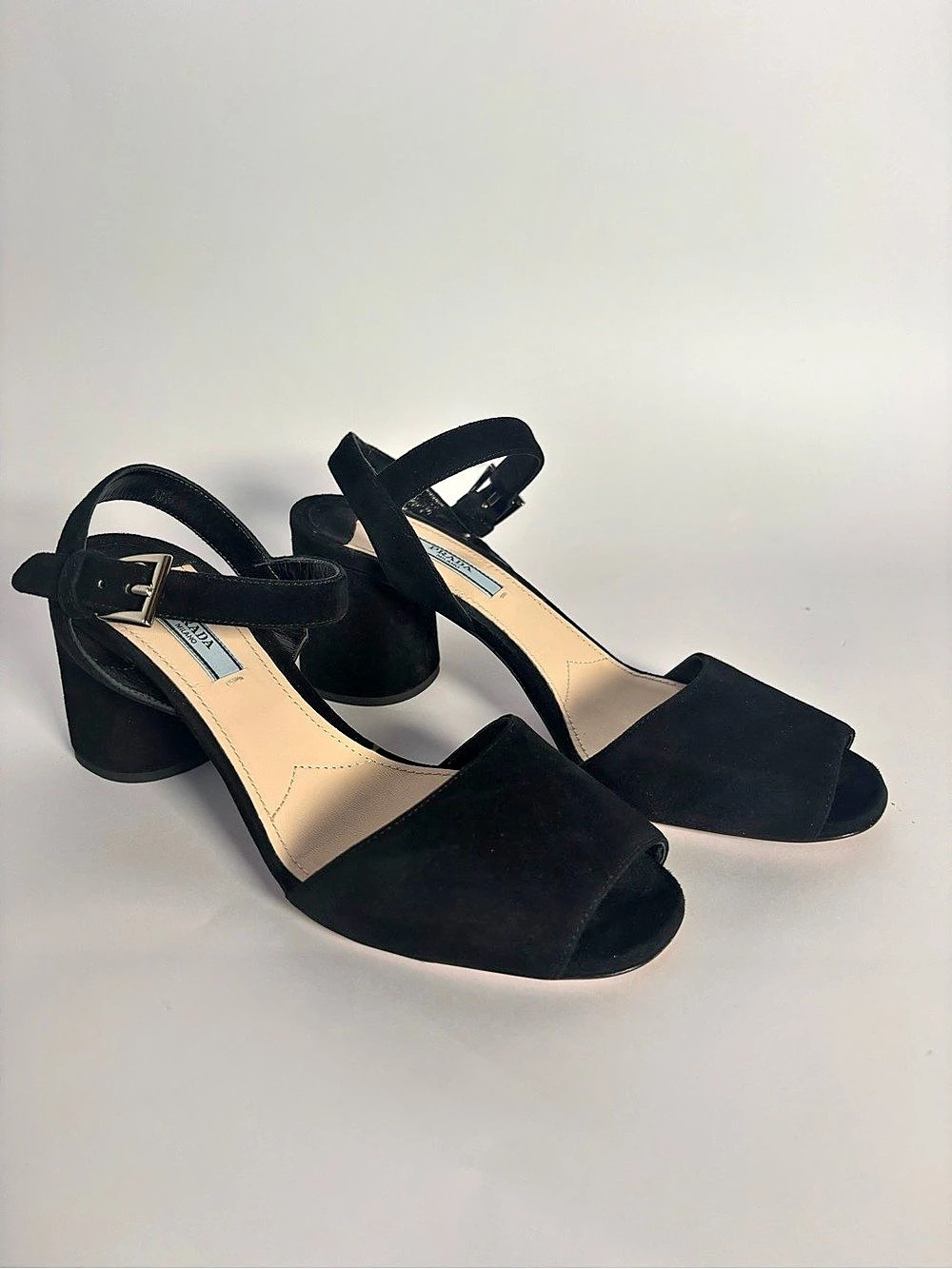 Prada Milano Black Suede Peep Toe Block Heel Ankle Strap Sandals Size 38.5